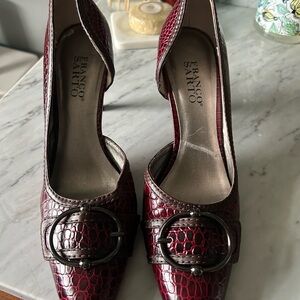 Franco Sarto Brick Red Heels with Croc Texture and Buckle